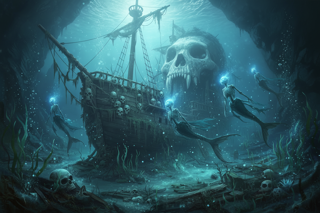 Skeleton Mermaids with Flowing Hair Underwater